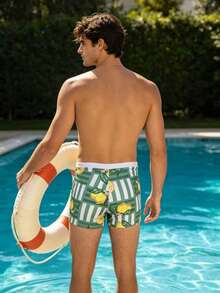 Herren neue grüne Badehose mit Fruchtmuster-Patchwork, reinweißer Taille mit Futter, Kordelzug an der Taille, modische Badeshorts für Strand, Urlaub, Meeresküste, heiße Quellen und Wasserspaß - Verschiedenfarbig - Übersicht 4