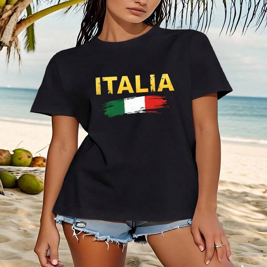 2026 Hot Summer StyleDistressed Italia Flag TeeWomen's T-Shirt , All Occasion Outfit Light Airy For Summer, Suitable For Leisure Sports Scenes. - Multicolor - View 1