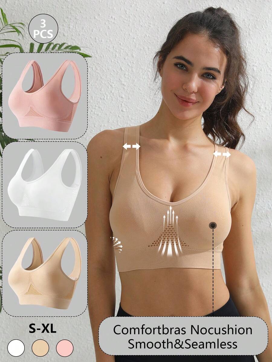 3pcs Women's Multi-Color Wireless Bra, Removable Padding Comfortable Sleep Bra Set - Multicolor - View 1