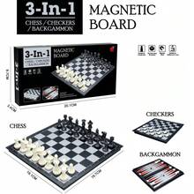 3合1磁性折疊西洋棋、跳棋、西洋跳棋套裝，便攜旅行教育桌上遊戲，適合所有年齡 - 黑白 - 查看 2