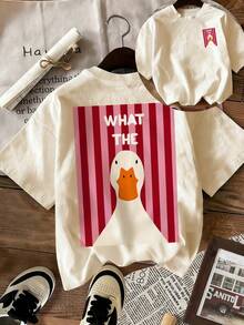 Women's Pink "What The" Funny Duck Print Short Sleeve T-Shirt | Red And White Striped Background | Playful Cartoon Style - Apricot - View 2