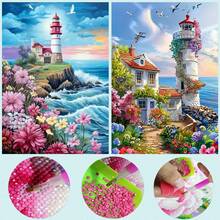 2 piezas DIY Pintura de Diamantes Pegatina Bordado Paisaje Faro Decoración del Hogar Perforación Completa 30*40cm - Conjuntos - Ver 1