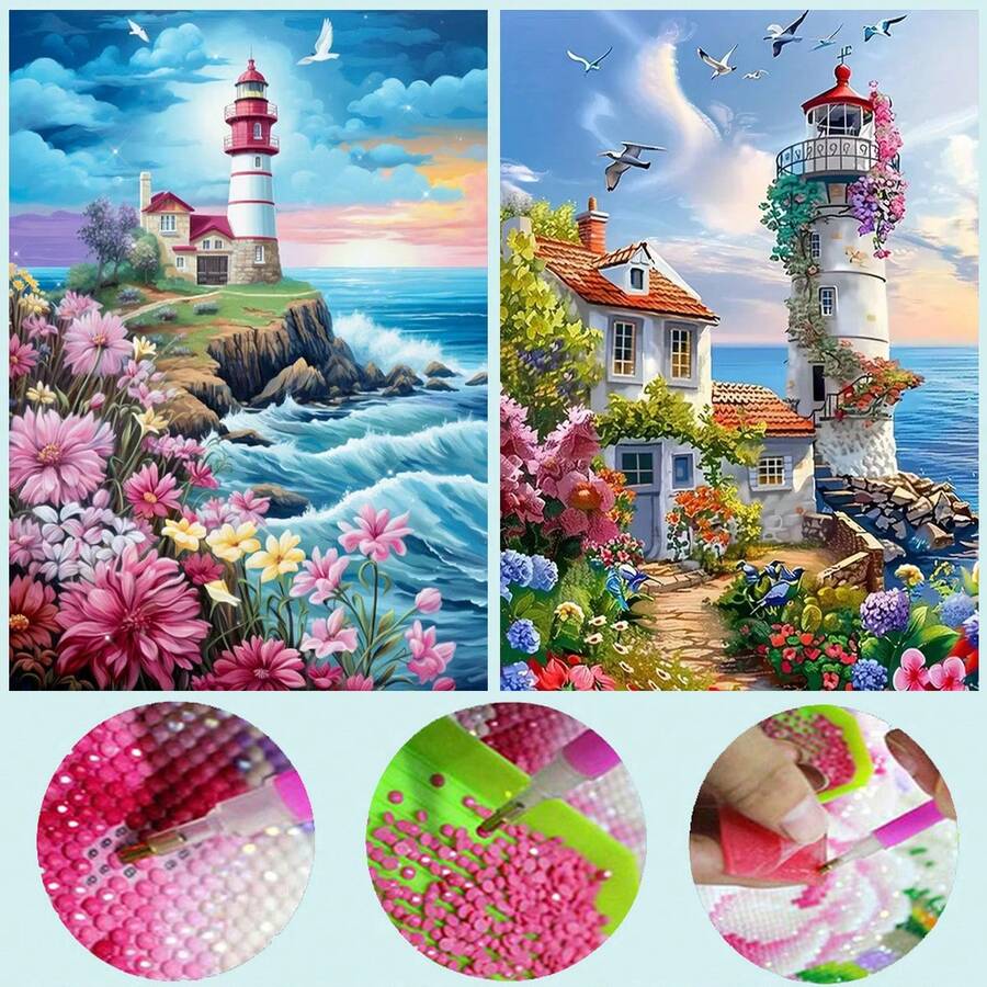 2 piezas DIY Pintura de Diamantes Pegatina Bordado Paisaje Faro Decoración del Hogar Perforación Completa 30*40cm - Conjuntos - Ver 1