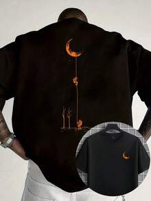 [Double Front And Back Design] Round Neck T-Shirt With Moon And Tree Design On The Front And Back,  Short Sleeves For Summer, Casual Style Top - 黑色 - 查看 1