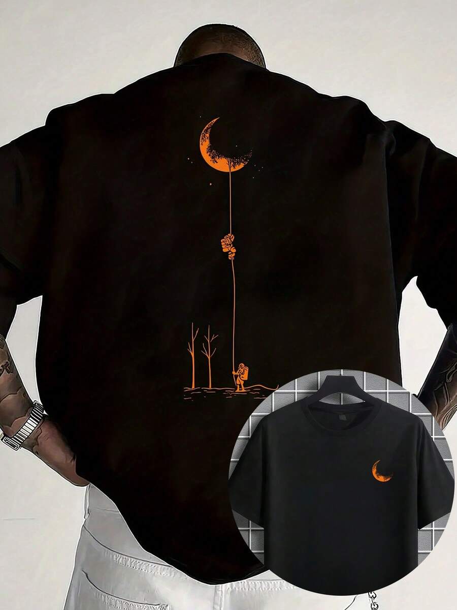 [Double Front And Back Design] Round Neck T-Shirt With Moon And Tree Design On The Front And Back,  Short Sleeves For Summer, Casual Style Top - 黑色 - 查看 1