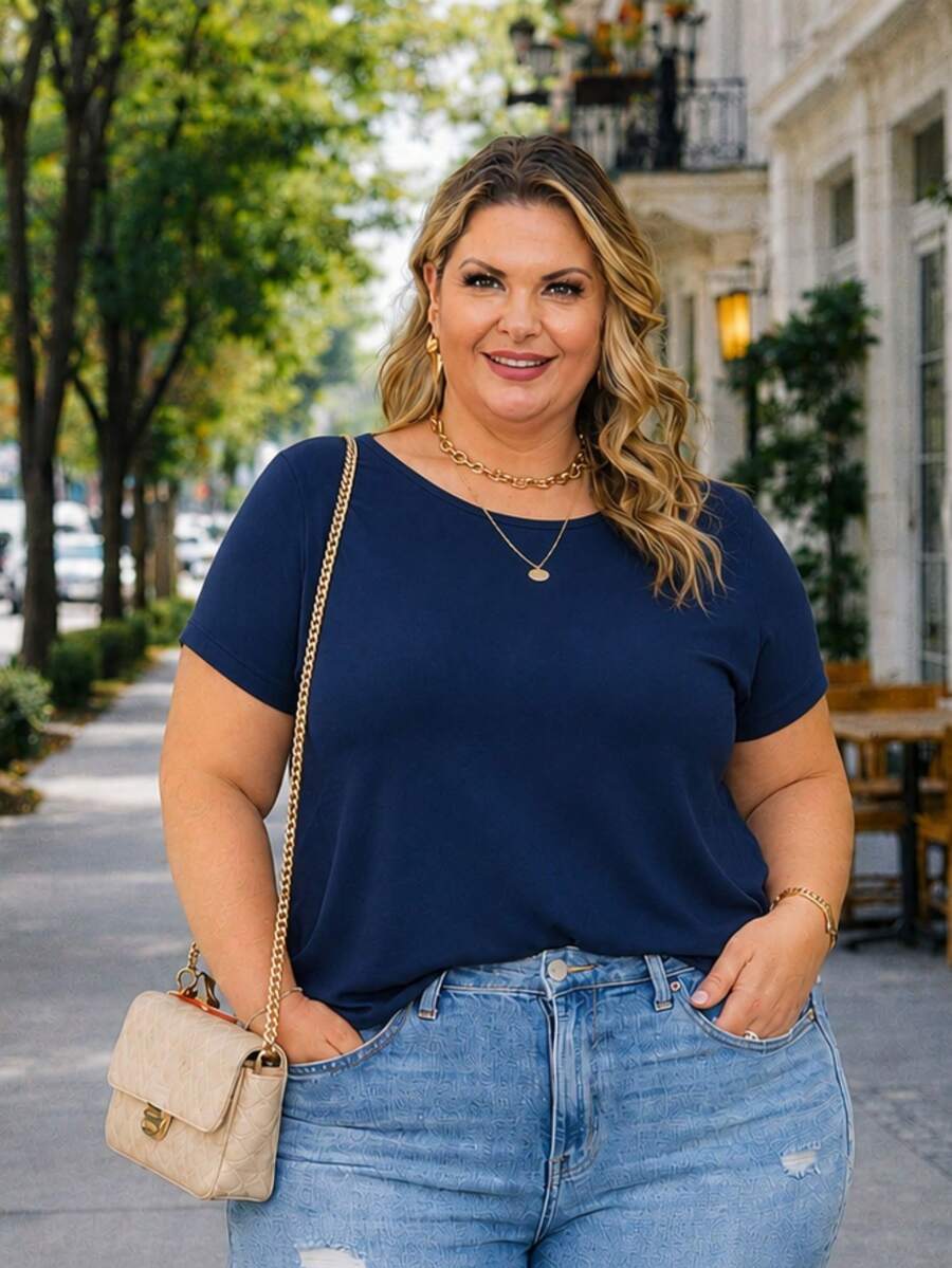 PLUS SIZE BLOUSE PLAIN CASUAL MODERN BASIC CURRENT CONTEMPORARY VISCOLYCRA - Azul Marino - Ver 1
