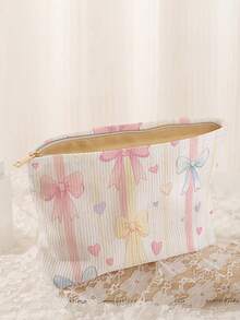 1 pieza Bolsa de almacenamiento de cosméticos portátil con estampado de lazo, impresión de doble cara, bolsa de maquillaje con cremallera para viajes, organizador de artículos de tocador multifuncional - Multicolor - Ver 5