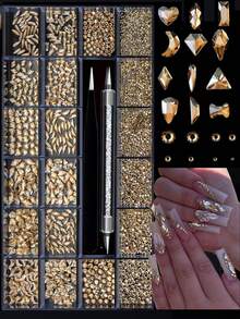 21-Grid Nail Art Rhinestone Set With Rhinestone Picker Pen, Champagne Color Nail Decorations, Multiple Shapes For DIY, 3D Embellishments, Nail Supplies, Suitable For Daily Use And Nail Salons - Champagne - View 5