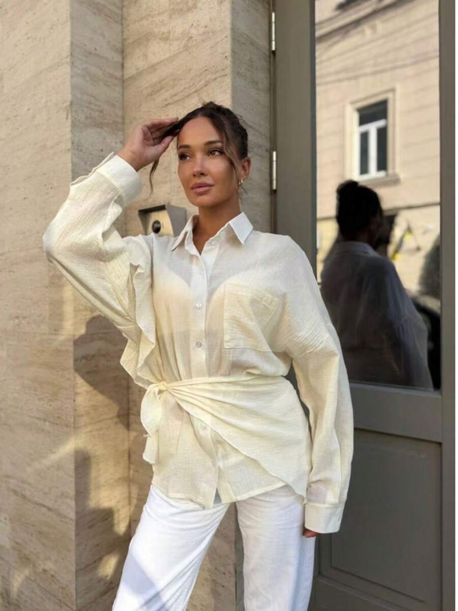 Casual Versatile Women's Loose Beige Semi-Sheer Blouse, Decorated With Ruffle Trim, Long Sleeve Design, Perfect Choice For Autumn Summer - Apricot - View 1