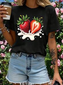 Camiseta de manga corta de tela cómoda con estampado de helado de fresa roja| Estilo casual, cuello redondo, diseño floral, ideal para el verano - Negro - Ver 1