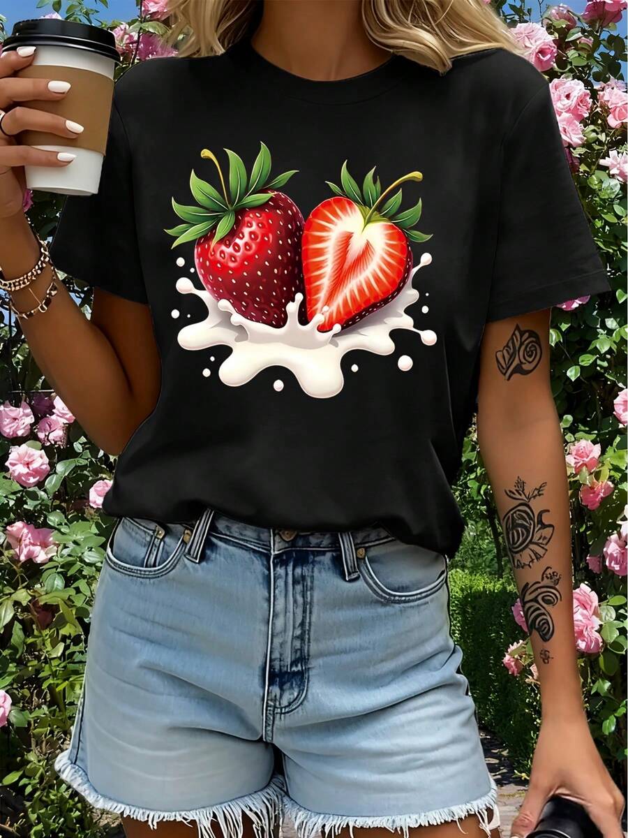 Camiseta de manga corta de tela cómoda con estampado de helado de fresa roja| Estilo casual, cuello redondo, diseño floral, ideal para el verano - Negro - Ver 1