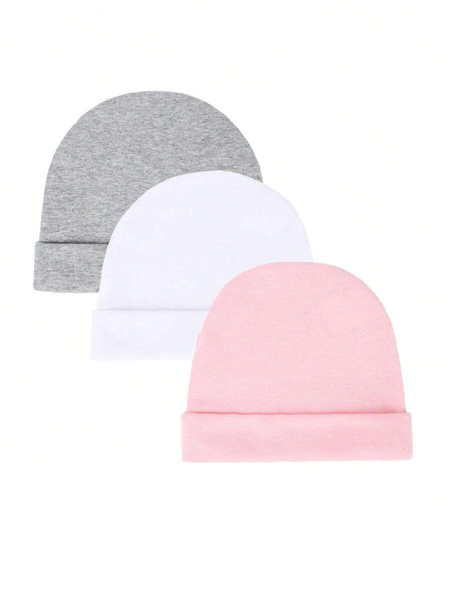 3 buc. căciulă tip beanie pentru nou-născuți, unisex, cu bor de un singur strat, pliabilă, culoare uni, stil minimalist, cu tragere, pentru toate anotimpurile - Multicolor - Vizualizare 1