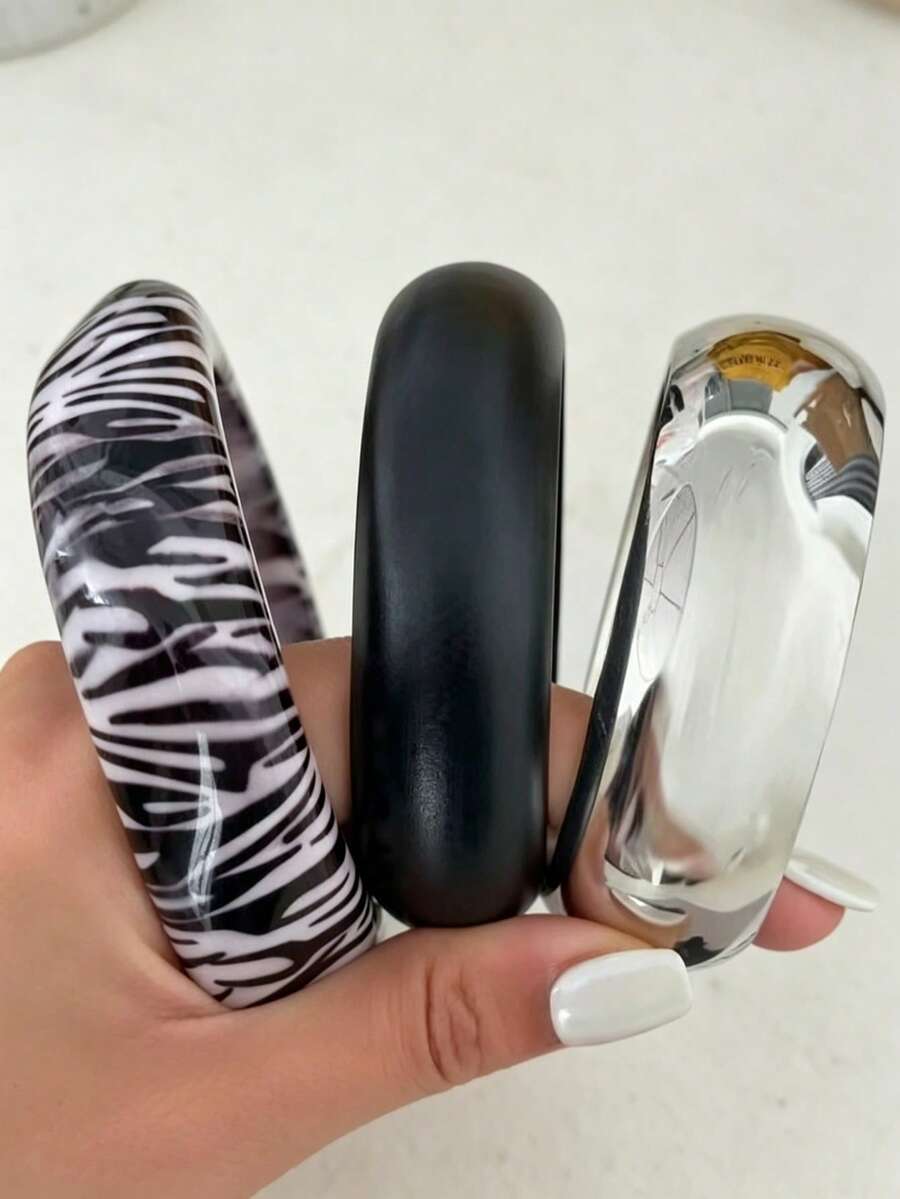 3pcs Chunky Bangle Bracelet Set For Women, Zebra Print, Matte Black & Metallic Silver Bracelet Stack, Statement Summer Jewelry Accessories