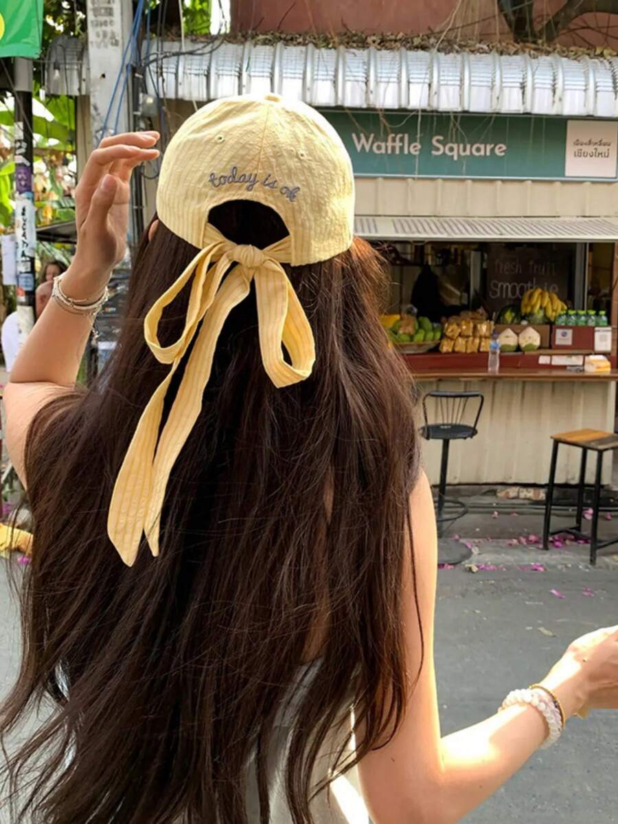 1件女款Y2K風格刺繡字母條紋棒球帽，附甜美蝴蝶結，百搭運動遮陽帽，適合派對與日常穿著 - 條紋 - 查看 1