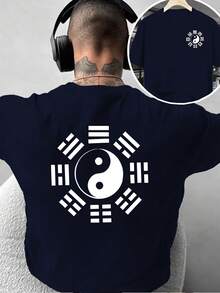 Men's Fashion T-Shirt With Creative Double-Sided Print, Featuring Tai Chi And Bagua Motifs, Short Sleeves, Chinese Zen Style, Artistic And Versatile, Suitable For Casual Wear At Home Or Activewear. - 黑色 - 查看 6