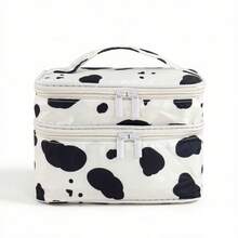 1pc Korean Style Cow Print Layered Makeup Bag, Dual Zipper Large Capacity Handheld Storage Box, Student Travel Portable Skincare Organizer Bag, Black And White Spotted Design - Multicolor - View 2