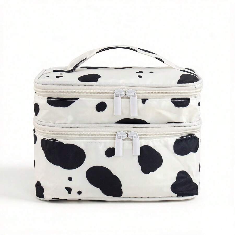 1pc Korean Style Cow Print Layered Makeup Bag, Dual Zipper Large Capacity Handheld Storage Box, Student Travel Portable Skincare Organizer Bag, Black And White Spotted Design