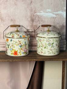 Vintage Luxury Enamel Storage Bucket With Lid, Large Capacity Home Storage Jar, Classic Colorful Floral Print Design, Fine Smooth Enamel Material Moisture-Proof Stain-Resistant Easy To Clean, Equipped With Metal Handle And Wooden Grip, Convenient And Effortless To Move, Sealed Lid Design Effectively Prevents Dust And Insects, Practical Storage For Kitchen Ingredients, Snacks And Dried Goods - View 5
