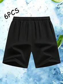 6pcs Men's Black Solid Color Contrast Drawstring Casual Shorts, Made Of Polyester Fabric That Is Wrinkle-Resistant And. Sports Summer - Multicolor - View 3