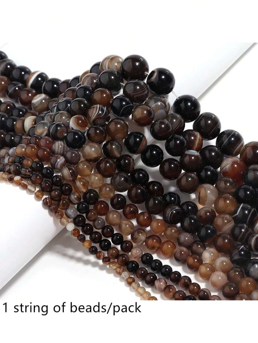 1串棕色天然瑪瑙寶石圓珠，天然石珠，條紋款，適用於珠寶製作、DIY手鍊與項鍊，4/6/8/10/12mm