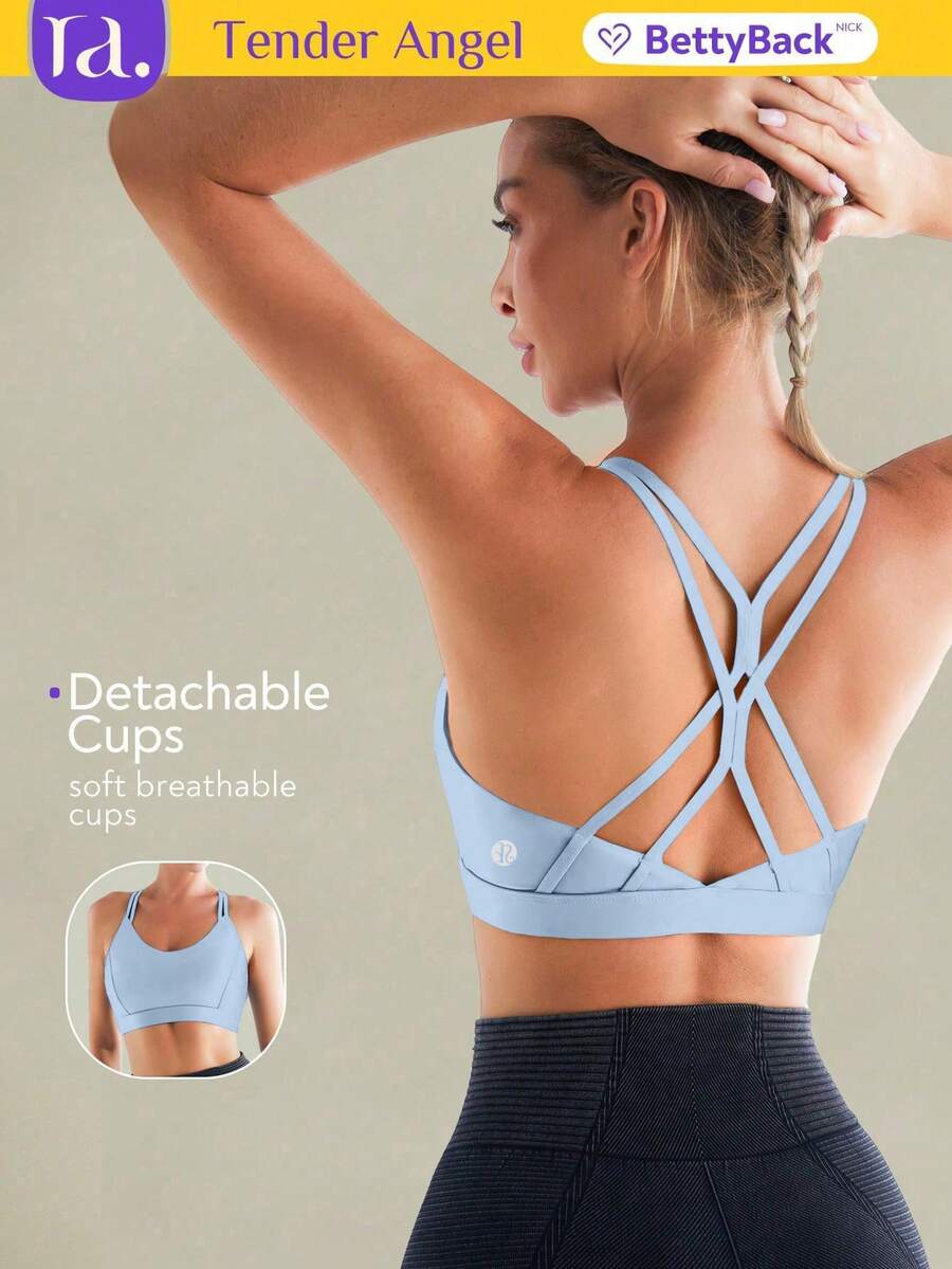 Tender Angel Women's Medium-High Support Sports Bra, Camisole Style, Beautiful Back, Removable Padding, Minimalist Yoga Tank Top, Running Fitness Bra, Backless Design - Sky Blue - View 1