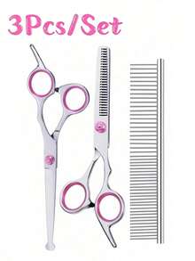 1-6Pcs Professional Round Tip Pet Grooming Scissors Set, Stainless Steel Serrated Thinning Shear & Double Sided Steel Comb With Storage Bag, Pet Grooming Scissors Set For Dogs And Cat - Pink - View 21