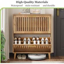 Shoe Cabinet, Shoe Storage Cabinet With 2 Flip Drawers With Slats, Narrow Shoe Cabinet Entryway, Freestanding Shoe Organizer Cabinet With Golden Handles, Slim LX89 - 天然木材 - 查看 7