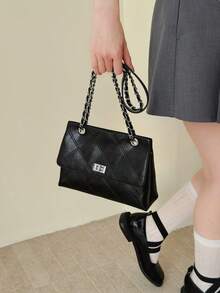 Fashion Solid Color Quilted Diamond Pattern Small PU Shoulder Bag, Portable Crossbody Bag, Multiple Compartments, Suitable For Women Shopping, Dating, Work Commuting And Daily Use. - Black - View 6