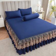 1 pieza Falda de cama elegante de encaje, Cubrecama unicolor suave y antipolvo, para todo el año, tamaño grande, sábana de cama antideslizante (Falda de cama X1, sin funda de almohada), decoración de dormitorio - azul real - Ver 6