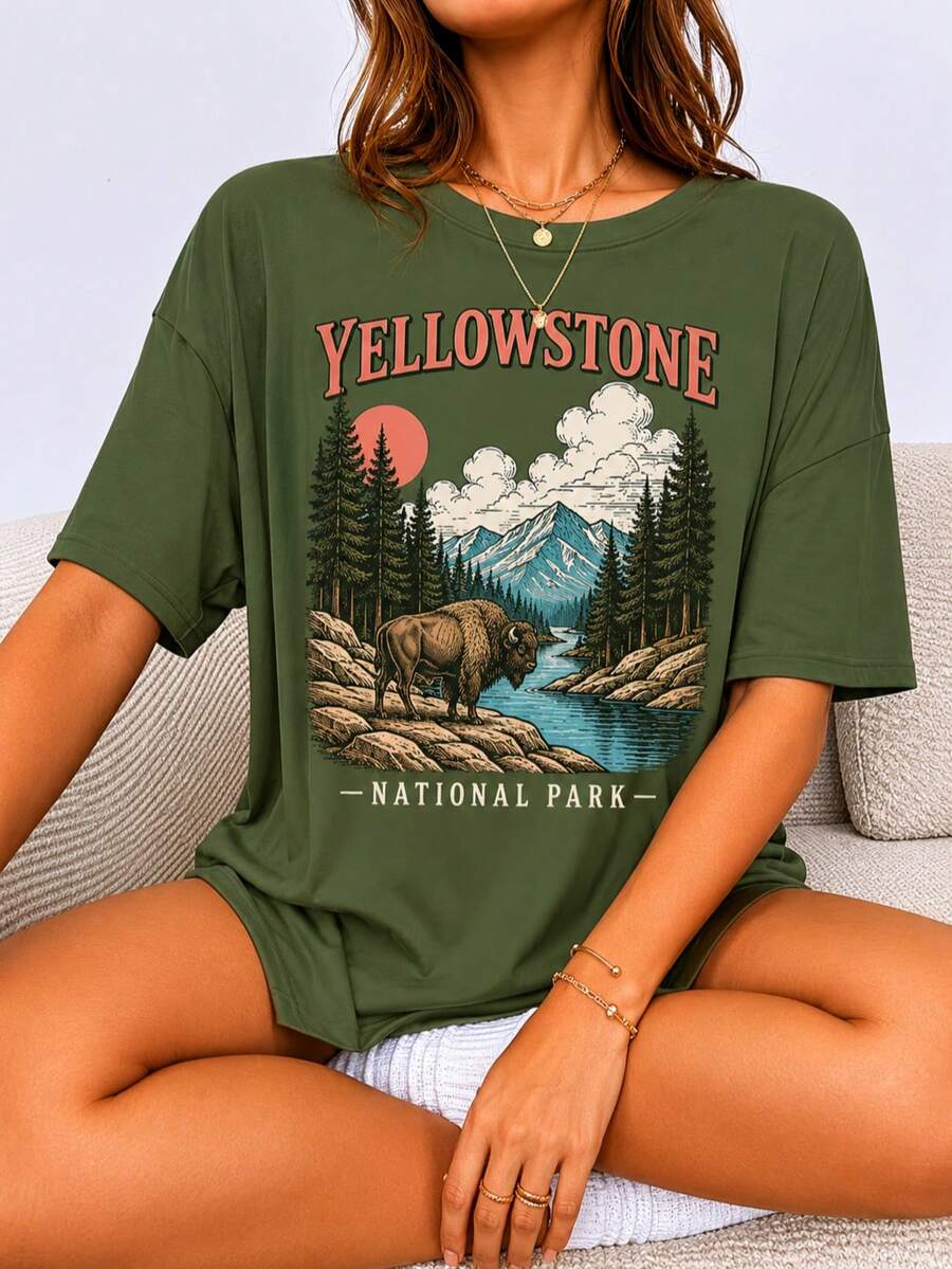Tops Vintage National Park T-Shirt Retro American National Park Tee, Fashion Granola Girl, Oversized Graphic Tops Apparel Graphic Tees Women - 綠色 - 查看 1