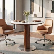 Tribesigns 31.5-Inch Round Conference Table For 2-4 People, Small Wood Meeting Room Table With Thickened Sintered Stone Tabletop And Stainless Steel Base (White + Walnut) - White and Dark Walnut - View 6