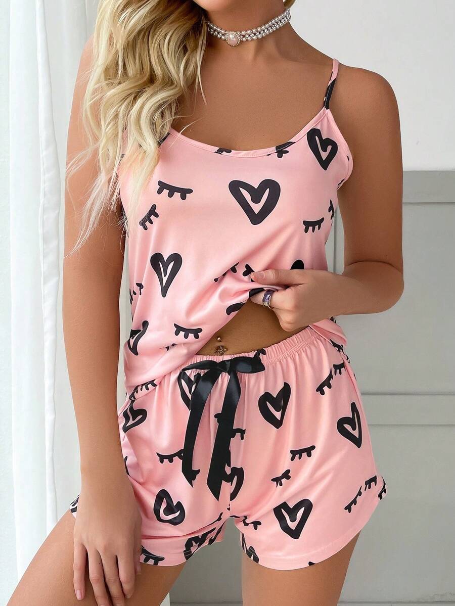 DUSKBASE Heart & Eyelash Print Bow Front PJ Set / Pajama Set Bow Tie - Coral Pink - View 1