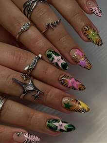 24pcs Medium Almond Shaped Press-On Nails, Y2K Hot Girl Style Green Camouflage, Black Orange Pink Tiger Stripe French Tip, Pink Purple Star With Silver Steel Ball Decoration, Suitable For Women And Girls DIY Daily And Party Wear In Summer - Multicolor - View 1