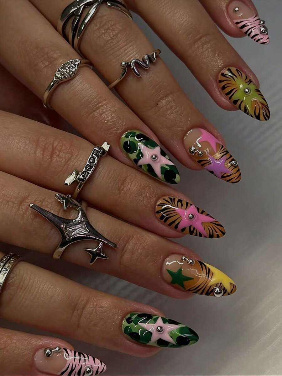 24pcs Medium Almond Shaped Press-On Nails, Y2K Hot Girl Style Green Camouflage, Black Orange Pink Tiger Stripe French Tip, Pink Purple Star With Silver Steel Ball Decoration, Suitable For Women And Girls DIY Daily And Party Wear In Summer - Multicolor - View 1