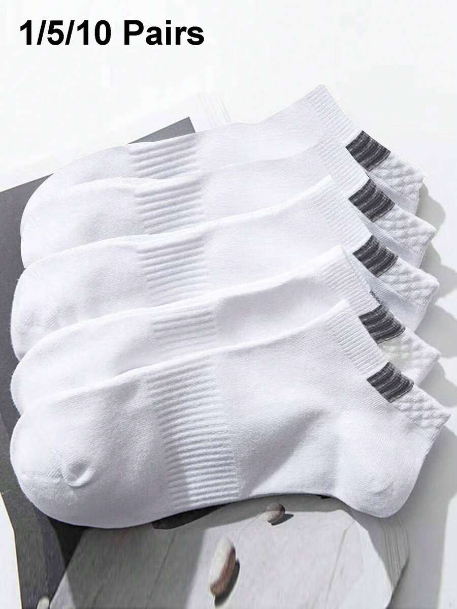 1/5/10 Pairs Striped Pattern Mid-Calf Socks, Unisex Accessories, Gift For Boyfriend - White - View 1