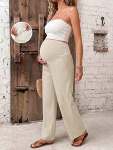 Fashionable Maternity Wide Leg Pants, With Adjustable Drawstring And Pockets, Long Woven Fabric, Comfortable And Stylish For Daily Wear - Khaki - View 3