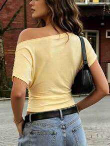Women's Summer Chiffon Blouse With Pleated Bust Design And Off Shoulder Style, Suitable For Casual Dates And Vacations - Yellow - View 7