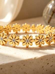 VceTd 1 Set Naturalistic Style Stainless Steel Jewelry Set For Women With Glass Decor Flower Elements, Includes Bracelet And Ring, Suitable For Fashionable Outfits Or Commuting, Perfect Holiday Gift For Female Friends - Yellow Gold - View 8