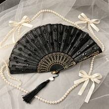 Sequined Embroidered Folding Hand Fan With Tassel, Spanish Style Dance Fan For Party Wedding Cosplay Decor - Black-shafted Sequined Folding Fan - View 7