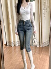 Women's Button Fly Pocket Slim Fit Casual Versatile Denim Jeans Fall - Medium Wash - View 9