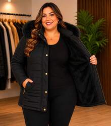 Women's Lined Plus Size Jacket - 黑色 - 查看 2