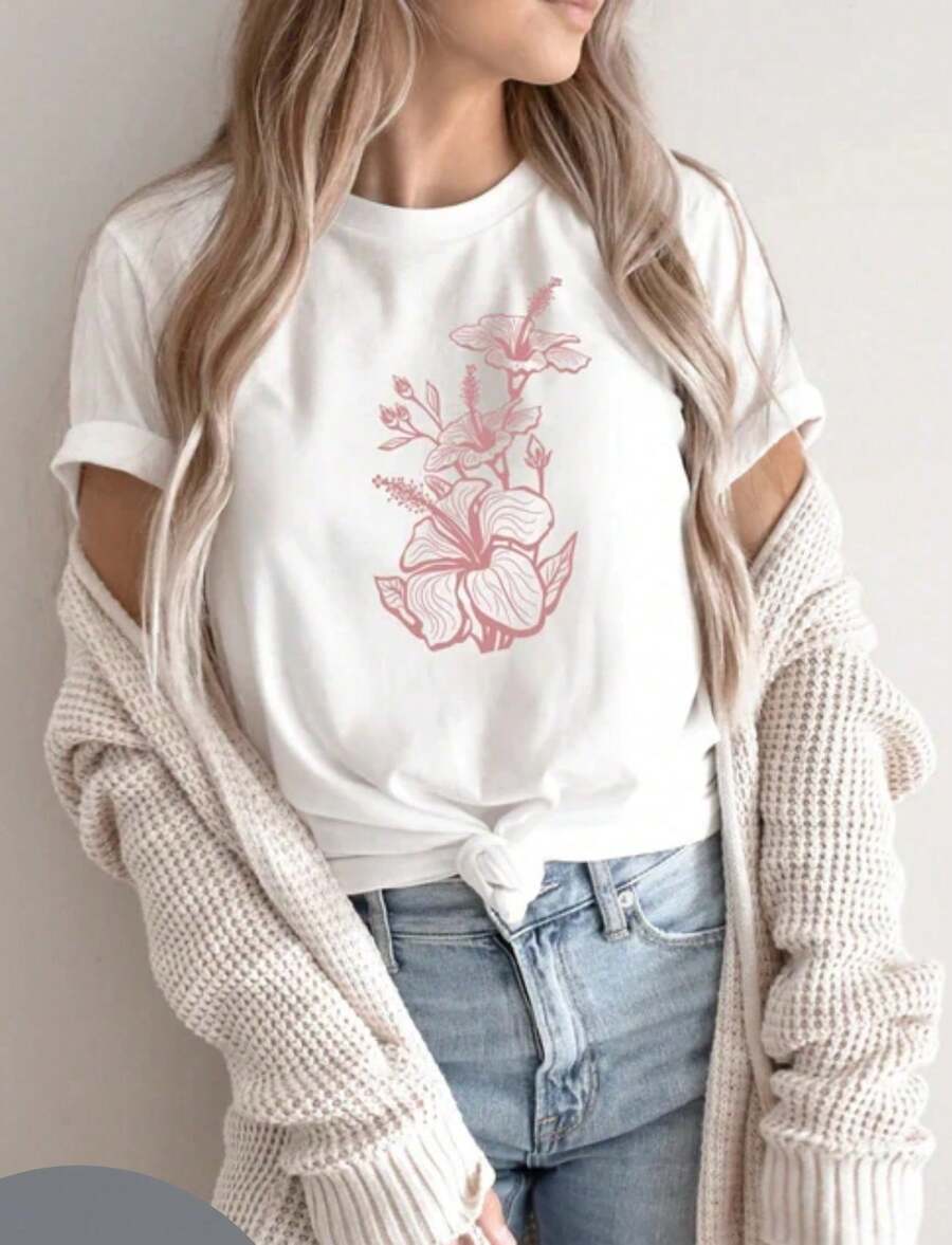 100% Cotton Botanical Shirt, Floral T-Shirt, Flower Shirt, Hibiscus Aesthetic T-Shirt, Garden Shirt, Plant Shirt, Pretty Floral T-Shirt For Women, Spring Shirt - 白色 - 查看 1