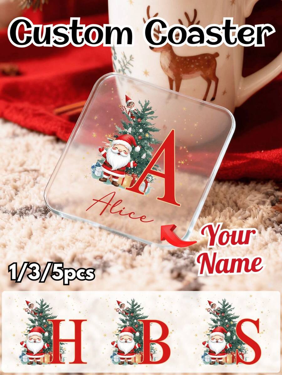 1/3/5pcs Customized Personalized Initial Coasters, Customized Acrylic Name Coasters, Customized Christmas Coasters, Santa Claus Letter Coasters, Birthday Gift, Beverage Coasters, Personalized Coasters, Home Gift, Valentine's Day Gift, Christmas Gift - Multicolor (Christmas Style) - View 1