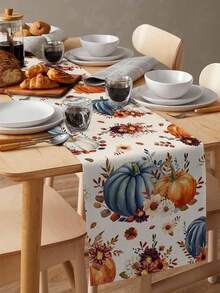Fall Thanksgiving Orange Blue Pumpkins Floral Botanical Table Runner Holiday Party Decor Reusable Kitchen Dining Table Runner For Coffee Tables,Wedding Party,Autumn Decorations - Multicolor - View 8