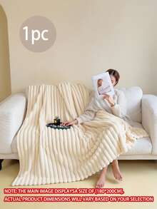 1pc White Ultra Soft Warm Striped Blanket - Machine Washable Polyester Material, Best Choice For Spring And Autumn, Suitable For All Seasons, Perfect For Sofa And Bed - Creamy White - View 7