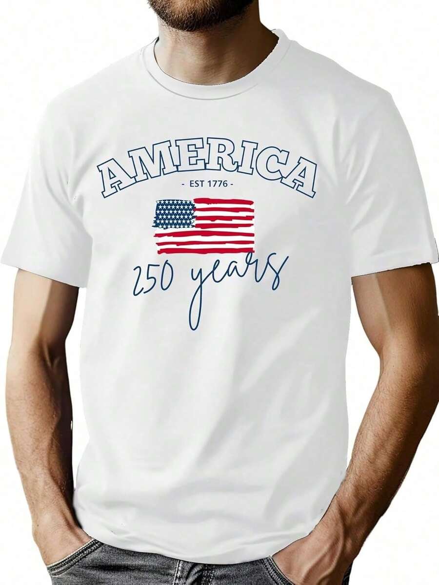 Men's 250th Anniversary US T-Shirt, American Flag T-Shirt, 4th Of July T-Shirt, 250th Anniversary Patriotic T-Shirts, Men's Cotton Graphic Tees And M - 白色 - 查看 1