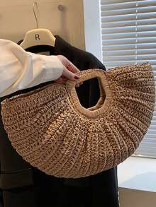 Semi-Circle Moon Shape Woven Straw Tote Bag - Handwoven Fan Design Beach Purse With Top Handle For Vacation, Picnics And Summer Outings - 卡其色 - 查看 11