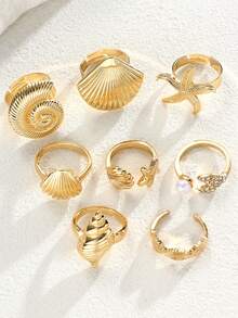 8pcs Exaggerated Wide Metal Open Ring Set, Faux Shell, Starfish, Conch, Fish Tail, Rhinestone, Thick Smooth Asymmetrical Geometric Multi-Layered Rings For Women, Date, Banquet, Beach, Vacation, Party, Music Festival Accessories - Golden Yellow 2 - View 4