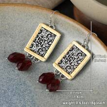 1 paire de boucles d'oreilles pendantes vintage créatives rouges carrées ajourées en forme de goutte d'eau, boucles d'oreilles bicolores à motif d'herbe bouclée avec une esthétique vintage, breloque élégant pour les goûters et les dîners formels - Multicolore - Voir 7