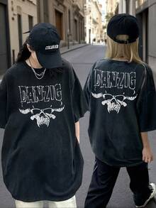 Camiseta unisex vintage lavada de gran tamaño en negro, con estampado de la leyenda DANZIG, calavera, guitarra y amplificador de Bruce. Regalo musical unisex, camiseta de verano suave con es - Negro - Ver 3